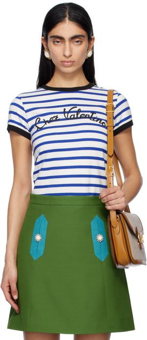 Valentino White & Blue Striped Jersey Cotton T-shirt