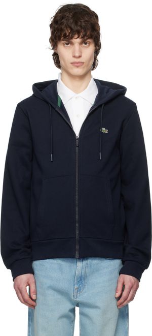 Lacoste Pull à capuche bleu marine en molleton à glissière