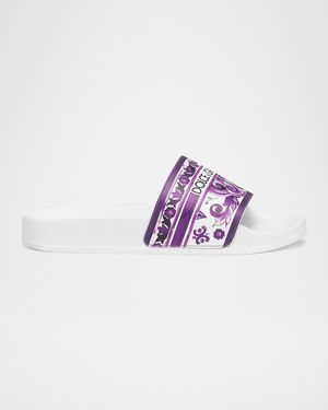 Girl's Majolica-Print Leather Slide Sandals, Toddler/Kids