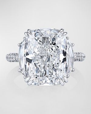Platinum 3 Stone Ring with Diamond Cushion, Diamond Trapezoid Sides and 3 Row Micro Pave Shank, Size 6.5, 11.64tcw