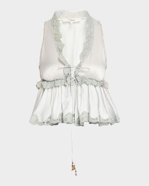 Ruffle V-Neck Sleeveless Silk Top