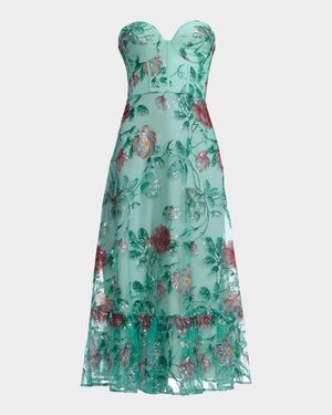 Lauren Flounce Floral Sequin Corset Midi Dress