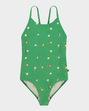 Girl's Nanna Embroidered Floral-Print Swimsuit, Size 4-7