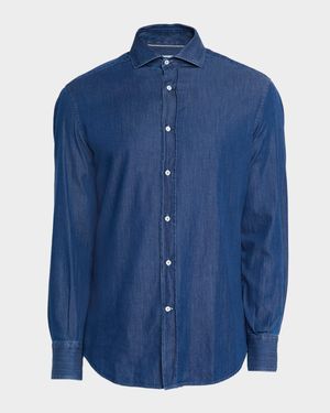 Men's Denim Spread Collar Button-Down Shirt