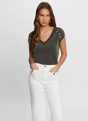 Morgan - Tee-shirt Col V métallisé - Taille XL - Kaki