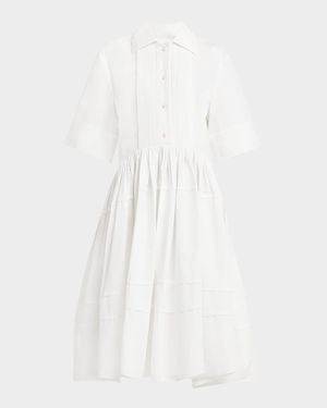 Pleated Short-Sleeve Tiered Midi Shirtdress