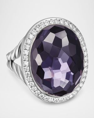 Oval Ring with Gemstone and Diamonds in Silver, 24.5x21mm