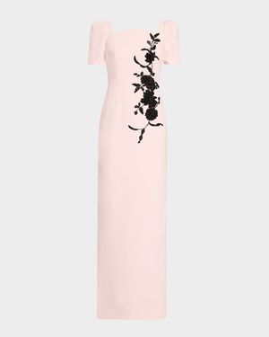 Floral Applique Crepe Column Gown