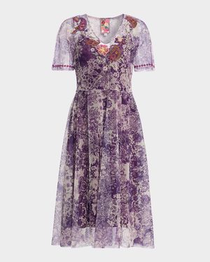 Wendi Embroidered Floral-Print Mesh Dress