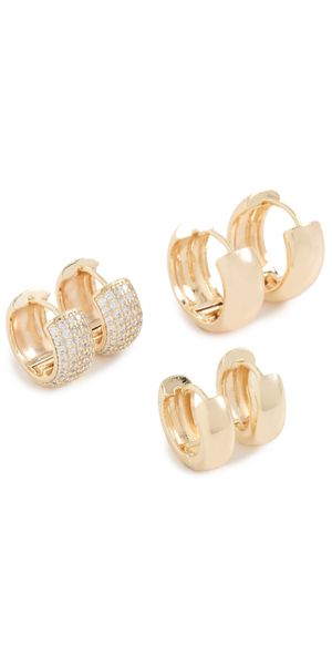 By Adina Eden Solid/Pave Wide Huggie Earrings Combo Set Gold One Size
