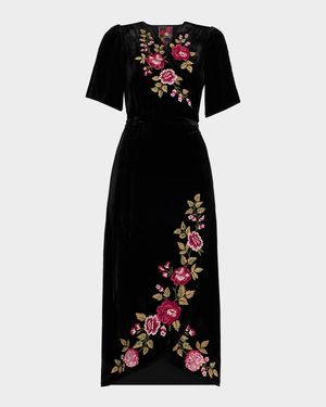 Floral-Embroidered Velvet Midi Wrap Dress