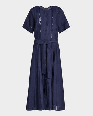 Lace-Inset Pintuck Linen Midi Shirtdress
