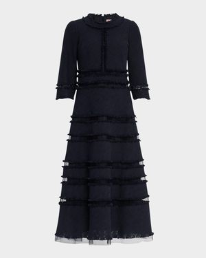 3/4-Sleeve Fringed Tulle-Inset Midi Dress
