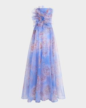 Kimberly Strapless Floral-Print Organza Gown