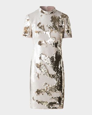 Mock-Neck Short-Sleeve Sequin Mini Dress