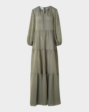 Long-Sleeve Tiered Silk Batiste A-Line Maxi Dress