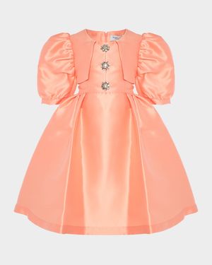 Girl's Brooch Balloon-Sleeve Dress, Size 3T-12