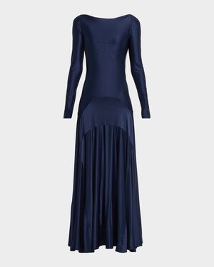 Paneled Satin Jersey Long-Sleeve Maxi Dress