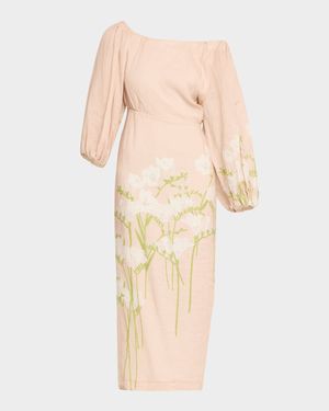 Printed Off-The-Shoulder Linen Dress