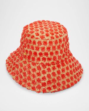 Dotted Raffia Long-Brim Bucket Hat