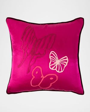 Hand-Embroidered Silk Pillow with Velvet Back, 22" Square