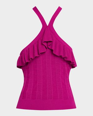 Tricia Ruffle-Trim Rib Knit Halter Top