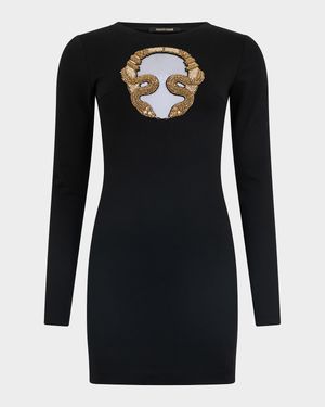 Beaded Cutout Matte Jersey Long-Sleeve Mini Dress