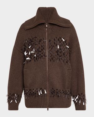 Sequined Net Stitch Cashmere Zip Cardigan