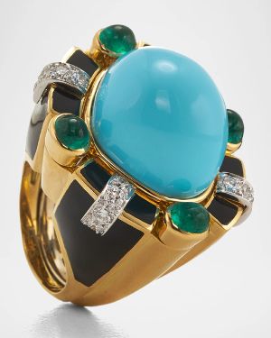 Turquoise, Emerald and Diamond Ring, Size 6.5