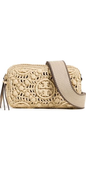 Tory Burch Miller T Monogram Raffia Mini Crossbody Bag Natural One Size