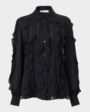 Ruffle Lace-Embroidered Silk Blouse