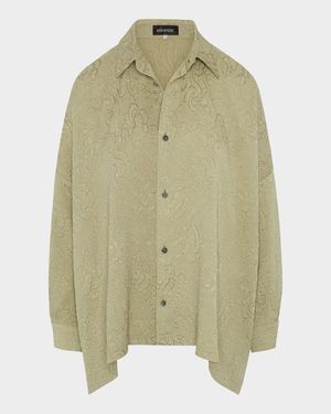 Damask Cloque Wide Longer-Back Shirt With Collar (Mid Plus Length)