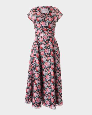 V-Neck Floral Silk Cap-Sleeve Midi Dress