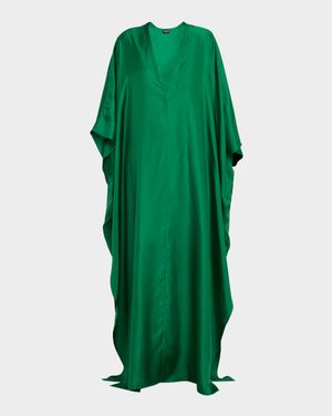 Plunging V-Neck Light Silk Twill Maxi Kaftan Dress