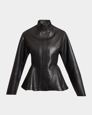 High-Neck Leather Peplum Jacket