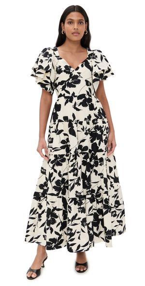English Factory Print Dramatic Bubble Sleeves Maxi Dress White/Black XS