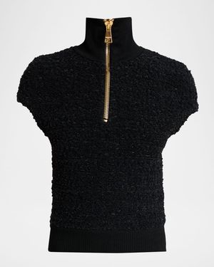 Short-Sleeve Textured Wool Zip Top