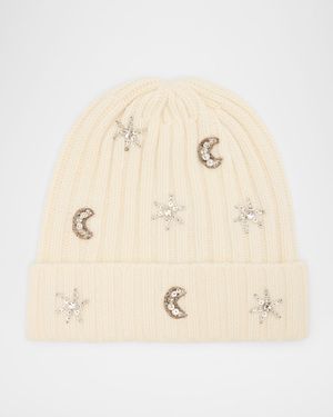 Embroidered Crystal Cashmere Rib Beanie