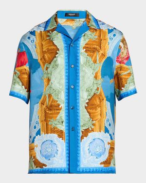 Men's Architectural Baroque Silk Short-Sleeve Shirt