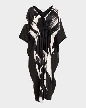 Shodo Beaded Brushstroke-Print Silk Caftan