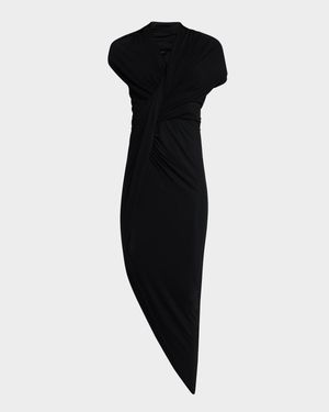 Draped Sleeveless Asymmetric Midi Dress