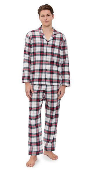 Eberjey Flannel Mens Long Pj Set Tartan Plaid Ivory/Holly Red L