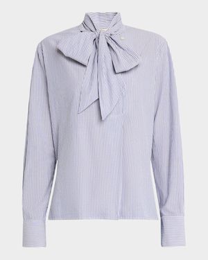 Striped Tie-Neck Cotton Blouse