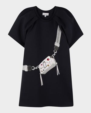 Girl's Jeweled Handbag Trompe L'oeil Short-Sleeve Dress, Size 8-14