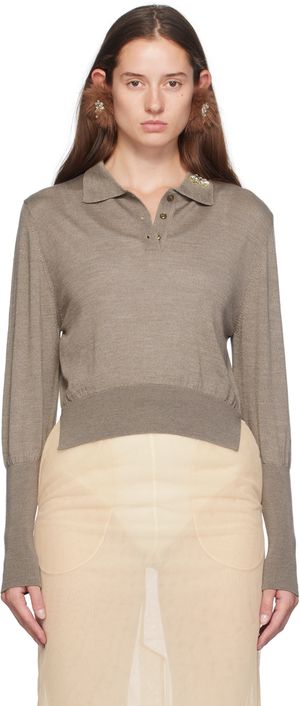 Simone Rocha Polo à manches longues brun en laine mérinos et soie