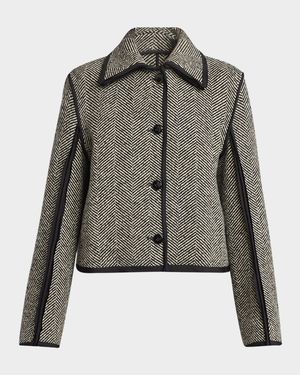 Raw-Edge Trim Herringbone Jacket