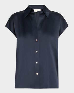 Cap-Sleeve Ruched-Back Silk Blouse