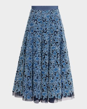 Denim Embroidered Tulle Midi Skirt