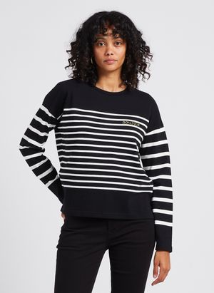Maison Labiche - Pull col rond à rayures en coton biologique - Taille L - Noir