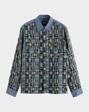Men's Patchwork Flannel Relaxed-Fit Button-Down Shirt